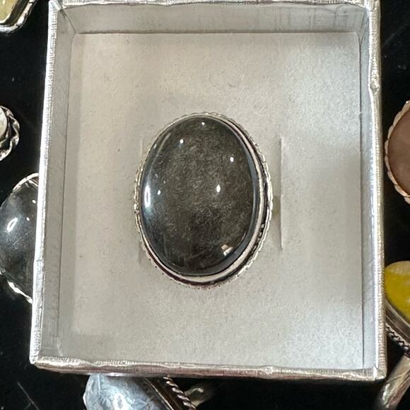 Silver sheen obsidian stamps, 925 silver overlay, gemstone ring oval adjustable - Picture 2 of 5